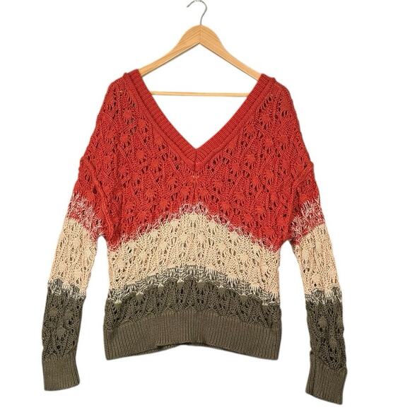 POL Crochet Open Knit Sweater | Rust Beige Olive Color block Boho | Medium - Picture 11 of 11